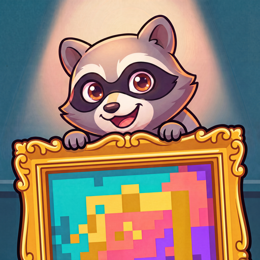 Pixel Art Heist app icon: a raccoon peering over a gold picture frame